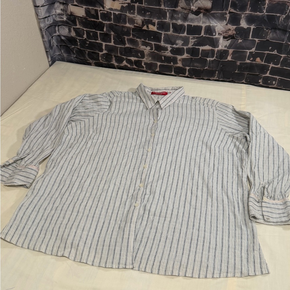 Gloria Vanderbilt Women 2X Striped Button Front Shirt Blouse Gray Cotton Stretch